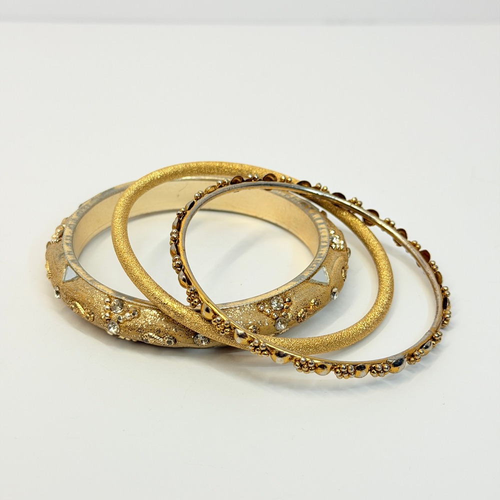 Luxe Gold Boho Bangles Rhinestone Glitter Textured Stackable Bracelets 3pc Set - Picture 3 of 9